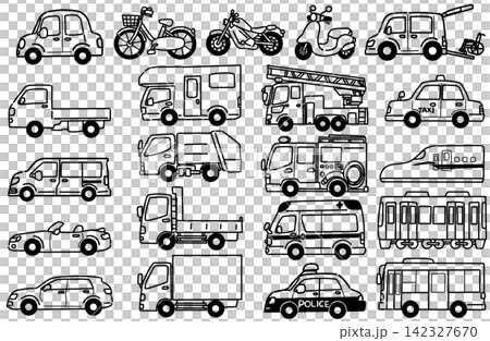 色々な車の側面のモノクロイラストセット シンプルな手描きの車イラストアイコン 挿絵に使える車イラスト 色々な車の側面のモノクロイラストセット シンプルな手描きの車イラストアイコン 挿絵に使える車イラスト 142327670