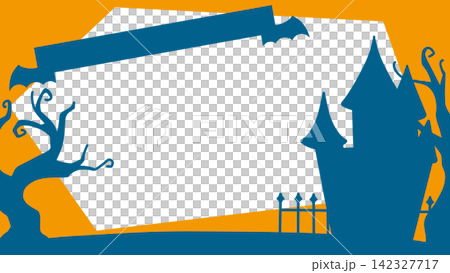 Castle silhouette Halloween background frame with ribbon, orange Castle silhouette Halloween background frame with ribbon, orange 142327717