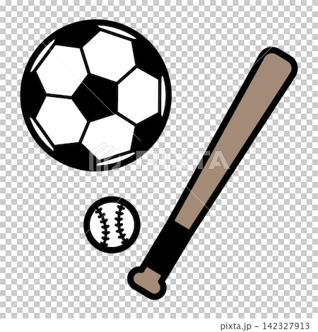 サッカーボールと野球のバットとボールのイラスト サッカーボールと野球のバットとボールのイラスト 142327913