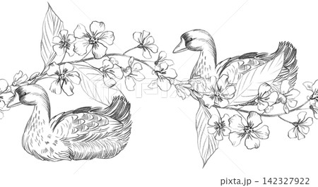 Seamless border of the goose and bird cherry branch. Handmade farm pencil illustrations. For design of cards, cover, prints, product labels and fabric. Seamless border of the goose and bird cherry branch. Handmade farm pencil illustrations. For design of cards, cover, prints, product labels and fabric. 142327922