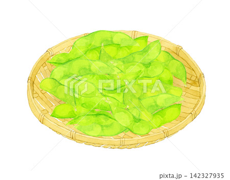 竹ざるに乗った枝豆　手描き水彩イラスト素材 142327935