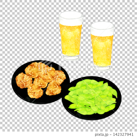 Beer, edamame, and fried chicken - hand-drawn watercolor illustration material Beer, edamame, and fried chicken - hand-drawn watercolor illustration material 142327941