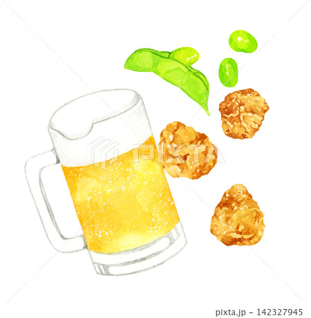 ジョッキに入ったビールと枝豆・唐揚げ　手描き水彩イラスト素材 142327945
