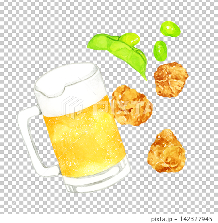ジョッキに入ったビールと枝豆・唐揚げ　手描き水彩イラスト素材 142327945