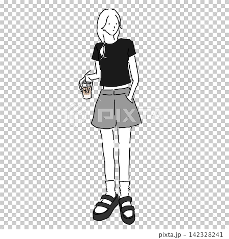 一位身穿休閒服飾的女性的插圖，她穿著迷你T卹、短褲和厚底運動涼鞋。 142328241