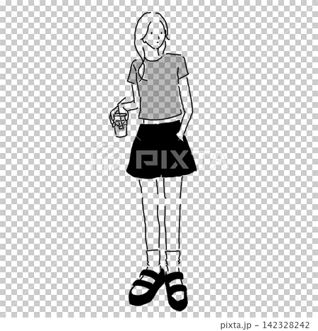 ミニTシャツとショートパンツに厚底サンダルを合わせた女性のモノクロ線画 ミニTシャツとショートパンツに厚底サンダルを合わせた女性のモノクロ線画 142328242
