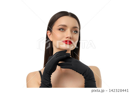 Woman with striking red lips poses gracefully in gloves, isolated, PNG 142328441