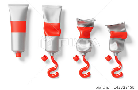 Red paint squeeze tubes 3d set in sequence from full to empty. Closed and open used silver metal containers with oil or acrylic dye. Vibrant color samples, isolated packaging mockups. 3D illustration 142328459