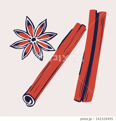 Cinnamon Sticks with Star Anise Spice in Orange and Blue. Hand Drawn Flat Style Seasoning Illustration Isolated on Beige Background. Sticker and Illustration for Packaging, Bakery Menu, Cookbook Cinnamon Sticks with Star Anise Spice in Orange and Blue. Hand Drawn Flat Style Seasoning Illustration Isolated on Beige Background. Sticker and Illustration for Packaging, Bakery Menu, Cookbook 142328495
