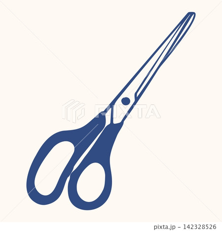 Scissors with Round Handles and Sharp Pointed Blades. Hand Drawn Doodle Stationery with Blue Silhouette on Cream Background. Sticker and Illustration for Craft Shop Label, Poster and Print. 142328526