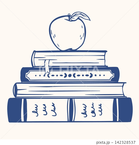Stacked Books with Decorated Spines and Apple on Top. Hand Drawn Doodle Style School Symbol with Blue Lines on Cream Background. Minimalist Outline Icon and Symbol for Library Print, Bookstore Logo Stacked Books with Decorated Spines and Apple on Top. Hand Drawn Doodle Style School Symbol with Blue Lines on Cream Background. Minimalist Outline Icon and Symbol for Library Print, Bookstore Logo 142328537