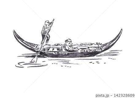 Venetian gondola charcoal sketch illustration isolated on white background. Hand drawn black Italian boat with gondolier element. Detailed vintage travel art for postcard, logo, print Venetian gondola charcoal sketch illustration isolated on white background. Hand drawn black Italian boat with gondolier element. Detailed vintage travel art for postcard, logo, print 142328609
