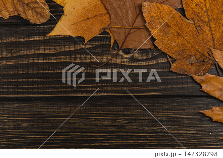 Autumn leaves on a wooden surface creating a seasonal frame for text Autumn leaves on a wooden surface creating a seasonal frame for text 142328798