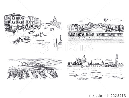 Hand drawn charcoal sketch collection of iconic Italian landscapes and cityscapes, isolated on white background. Black vintage illustrations of Venice, Verona, and Tuscany for postcard, logo, print 142328918