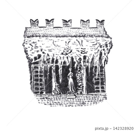 Hand drawn charcoal sketch of Italian courtyard with statue and wisteria vines, isolated on white background. Black monochrome vintage architecture illustration for travel design and decor 142328920
