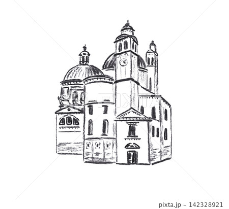 Hand drawn charcoal sketch of Italian cathedral with dome and clock tower, isolated on white background. Black monochrome architecture illustration for travel design and decor 142328921