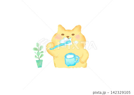 歯磨きをするかわいい猫 水彩イラスト素材 歯磨きをするかわいい猫 水彩イラスト素材 142329105