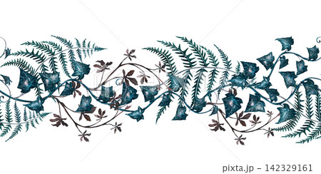 Seamless border of wild grape, ivy, and ferns hand drawn watercolor artwork. Gothic victorian witchcraft poison garden shadow elements for a spooky halloween decor and a mysterious botanical print. Seamless border of wild grape, ivy, and ferns hand drawn watercolor artwork. Gothic victorian witchcraft poison garden shadow elements for a spooky halloween decor and a mysterious botanical print. 142329161
