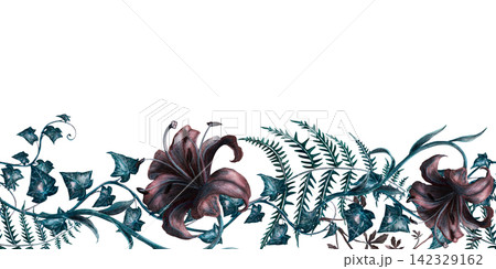 Dark flowers lily, ivy, fern, and wild vine seamless border watercolor illustration. Gothic victorian botanical element for witchcraft poison garden aesthetic, spooky halloween designs, mystical decor Dark flowers lily, ivy, fern, and wild vine seamless border watercolor illustration. Gothic victorian botanical element for witchcraft poison garden aesthetic, spooky halloween designs, mystical decor 142329162