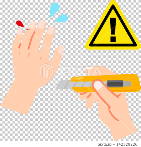 A hand with a cut from a utility knife and a warning sign. A hand with a cut from a utility knife and a warning sign. 142329226