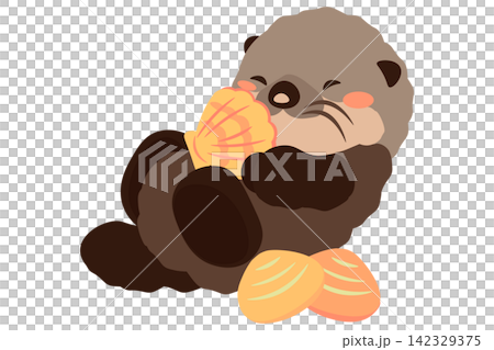 ホタテ貝を持って喜んでいるラッコのぬいぐるみのイラスト 142329375