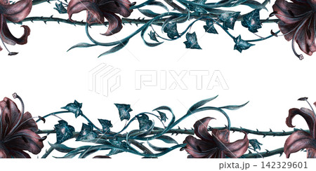 Seamless border with dark lilies, thorny vines, ivy leaves and tendrils hand painted watercolor art. Gothic victorian witch craft poison garden shadow aesthetic for spooky halloween and mystical print 142329601