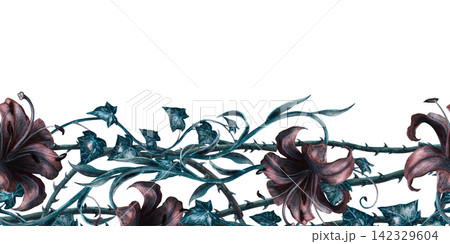 Seamless border featuring dark lilies, thorny vines, ivy leaves, and tendrils hand painted watercolour art. Gothic victorian witch craft poison garden shadow aesthetic and spooky halloween prints. Seamless border featuring dark lilies, thorny vines, ivy leaves, and tendrils hand painted watercolour art. Gothic victorian witch craft poison garden shadow aesthetic and spooky halloween prints. 142329604