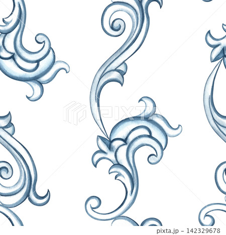 A seamless pattern with a decorative blue ornament in the Baroque style. Hand drawn watercolor illustration. Perfect for textiles, tablecloths and curtains, for prints, backgrounds, wallpaper and more 142329678