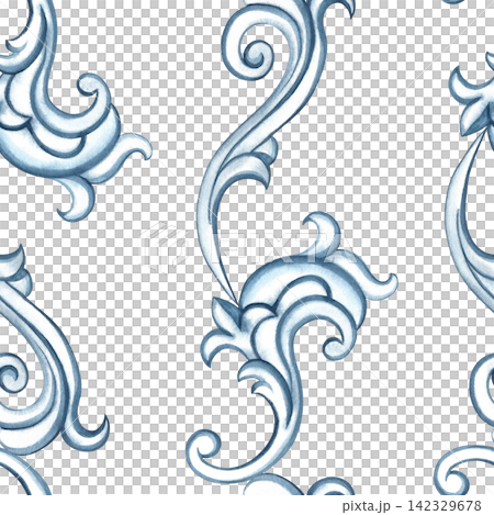 A seamless pattern with a decorative blue ornament in the Baroque style. Hand drawn watercolor illustration. Perfect for textiles, tablecloths and curtains, for prints, backgrounds, wallpaper and more 142329678