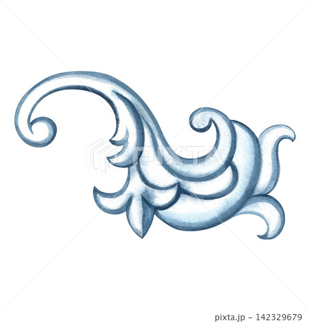 Decorative blue ornament in the Baroque style. A hand drawn watercolor illustration. A versatile element for borders, prints and textiles, covers, invitations and postcards, web pages and much more. Decorative blue ornament in the Baroque style. A hand drawn watercolor illustration. A versatile element for borders, prints and textiles, covers, invitations and postcards, web pages and much more. 142329679