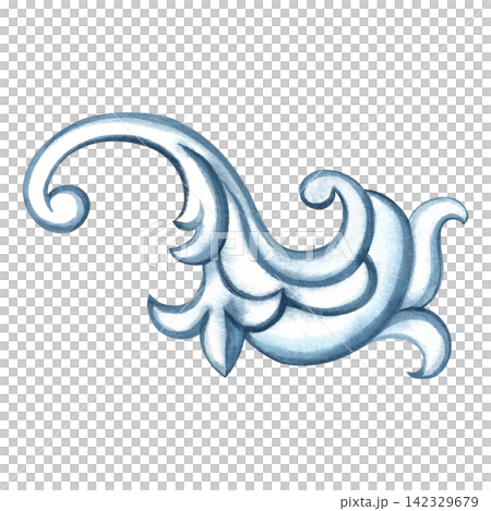 Decorative blue ornament in the Baroque style. A hand drawn watercolor illustration. A versatile element for borders, prints and textiles, covers, invitations and postcards, web pages and much more. Decorative blue ornament in the Baroque style. A hand drawn watercolor illustration. A versatile element for borders, prints and textiles, covers, invitations and postcards, web pages and much more. 142329679