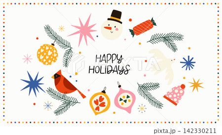 Cute Christmas greeting banner with holiday ornaments, bird, snowman, baubles 142330211
