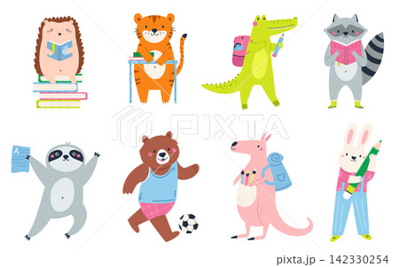 Back to school animals. Cute character illustrations. Hedgehog, tiger, crocodile and raccoon, sloth, bear, kangaroo, rabbit Back to school animals. Cute character illustrations. Hedgehog, tiger, crocodile and raccoon, sloth, bear, kangaroo, rabbit 142330254