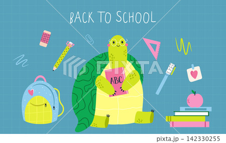 Back to school vector concept with cute turtle character and school supplies Back to school vector concept with cute turtle character and school supplies 142330255