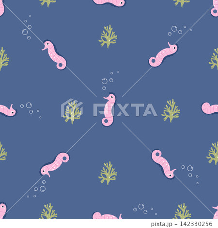 Seamless pattern with cartoon seahorses, seaweeds on blue background Seamless pattern with cartoon seahorses, seaweeds on blue background 142330256