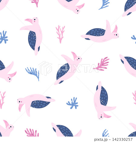 Seamless pattern with cartoon sea turtles and seaweeds on white background 142330257