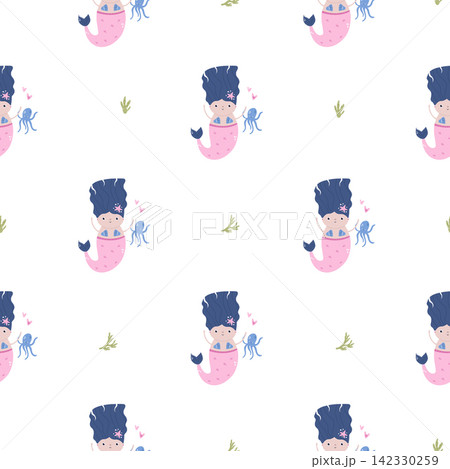 Seamless pattern with beautiful mermaids and octopus on white background 142330259