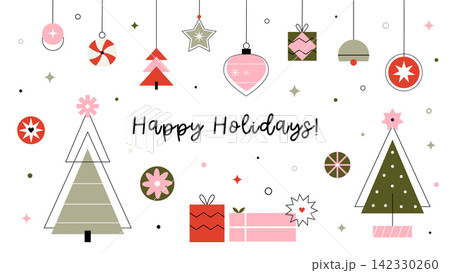 Modern geometric Christmas, New Year banner with trees gifts and hanging baubles Modern geometric Christmas, New Year banner with trees gifts and hanging baubles 142330260