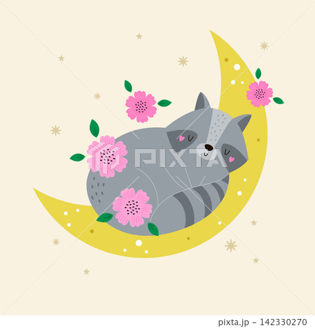 Cute raccoon sleeping on a crescent moon with pink flowers and stars Cute raccoon sleeping on a crescent moon with pink flowers and stars 142330270