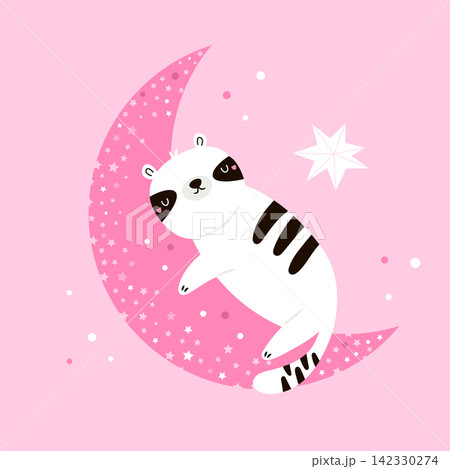 Cute white tiger sleeping on a pink crescent moon with stars 142330274