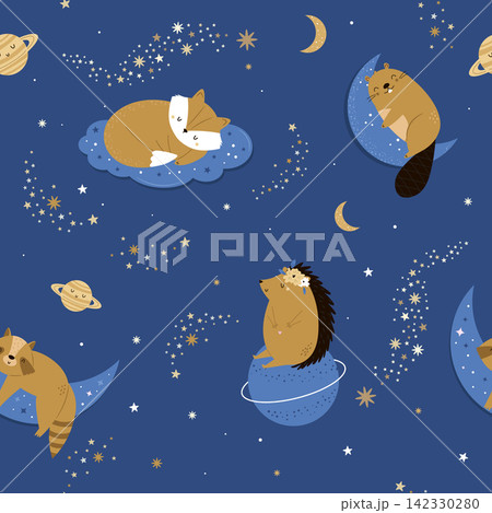 Seamless pattern with cute animals sleeping on moons and clouds in starry night sky Seamless pattern with cute animals sleeping on moons and clouds in starry night sky 142330280