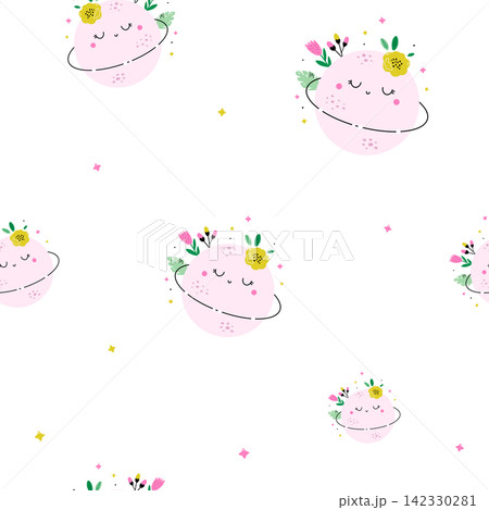 Seamless pattern with cute planets with flowers and stars on white background 142330281