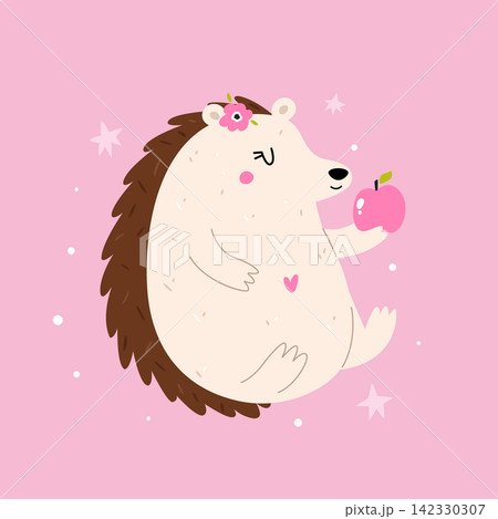 Cute cartoon hedgehog holding an apple on pink background with stars Cute cartoon hedgehog holding an apple on pink background with stars 142330307