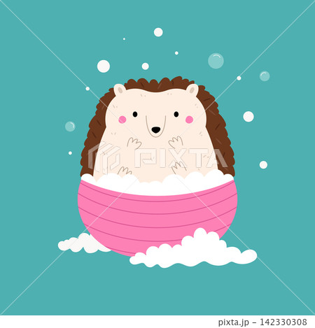 Cute cartoon hedgehog taking a bath in a pink bathtub with bubbles Cute cartoon hedgehog taking a bath in a pink bathtub with bubbles 142330308