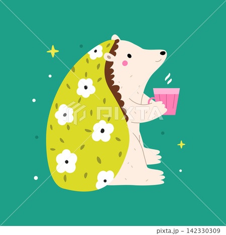 A cute cartoon hedgehog under blanket holding a pink cup A cute cartoon hedgehog under blanket holding a pink cup 142330309