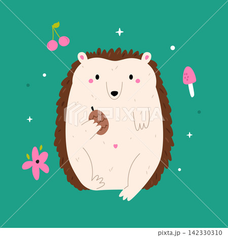 Cute cartoon hedgehog holding a cone on green background 142330310