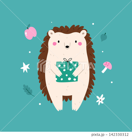 Cute cartoon hedgehog holding a gift on teal background with apples and flowers Cute cartoon hedgehog holding a gift on teal background with apples and flowers 142330312