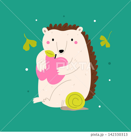Cute cartoon hedgehog holding a pink apple surrounded by leaves Cute cartoon hedgehog holding a pink apple surrounded by leaves 142330313