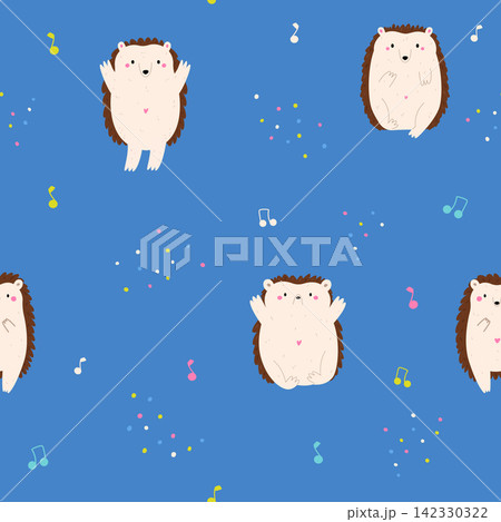 Cute dancing hedgehogs musical notes and confetti on blue background Cute dancing hedgehogs musical notes and confetti on blue background 142330322