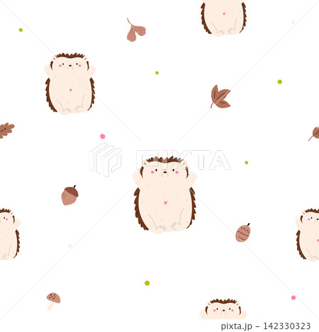 Cute cartoon hedgehogs with autumn leaves on white background Cute cartoon hedgehogs with autumn leaves on white background 142330323